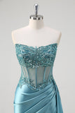 Grey Blue Mermaid Strapless Corset Sequined Satin Prom Dress