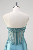 Grey Blue Mermaid Strapless Corset Sequined Satin Prom Dress