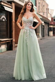 Sage Tulle A Line Spaghetti Straps Lace Up Back Long Prom Dress with Appliques