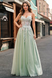 Sage Tulle A Line Spaghetti Straps Lace Up Back Long Prom Dress with Appliques