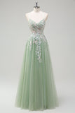 Sage Tulle A Line Spaghetti Straps Lace Up Back Long Prom Dress with Appliques