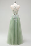 Sage Tulle A Line Spaghetti Straps Lace Up Back Long Prom Dress with Appliques