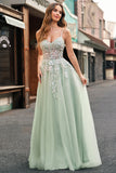 Sage Tulle A Line Spaghetti Straps Lace Up Back Long Prom Dress with Appliques