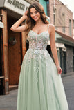 Sage Tulle A Line Spaghetti Straps Lace Up Back Long Prom Dress with Appliques