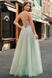 Sage Tulle A Line Spaghetti Straps Lace Up Back Long Prom Dress with Appliques