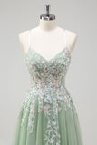 Sage A-Line Spaghetti Straps Tulle Lace Up Back Long Prom Dress with Appliques