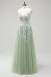 Sage A-Line Spaghetti Straps Tulle Lace Up Back Long Prom Dress with Appliques