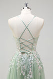 Sage A-Line Spaghetti Straps Tulle Lace Up Back Long Prom Dress with Appliques