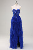 Sparkly Royal Blue A-Line Strapless Sequin Tulle Prom Dress with Slit