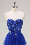 Sparkly Royal Blue A-Line Strapless Sequin Tulle Prom Dress with Slit