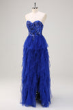 Sparkly Royal Blue A-Line Strapless Sequin Tulle Prom Dress with Slit