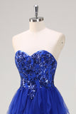 Sparkly Royal Blue A-Line Strapless Sequin Tulle Prom Dress with Slit