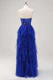 Sparkly Royal Blue A-Line Strapless Sequin Tulle Prom Dress with Slit