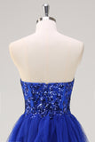 Sparkly Royal Blue A-Line Strapless Sequin Tulle Prom Dress with Slit