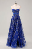 Royal Blue A-Line Strapless Appliques Corset Long Prom Dress with Slit