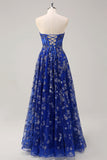 Royal Blue A-Line Strapless Appliques Corset Long Prom Dress with Slit