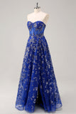 Royal Blue A-Line Strapless Appliques Corset Long Prom Dress with Slit