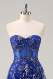 Royal Blue A-Line Strapless Appliques Corset Long Prom Dress with Slit