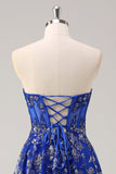 Royal Blue A-Line Strapless Appliques Corset Long Prom Dress with Slit