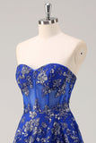 Royal Blue A-Line Strapless Appliques Corset Long Prom Dress with Slit