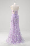 Glitter Light Purple Mermaid Sweetheart Sequin Corset Long Prom Dress With Slit