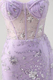 Glitter Light Purple Mermaid Sweetheart Sequin Corset Long Prom Dress With Slit