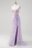 Glitter Light Purple Mermaid Sweetheart Sequin Corset Long Prom Dress With Slit