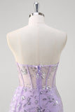 Glitter Light Purple Mermaid Sweetheart Sequin Corset Long Prom Dress With Slit