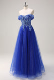 Sparkly Royal Blue A-Line Off The Shoulder Sequin Long Prom Dress with Appliques