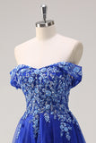 Sparkly Royal Blue A-Line Off The Shoulder Sequin Long Prom Dress with Appliques