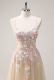 Sparkly Champagne A-Line Spaghetti Straps Lace Up Back Floral Prom Dress