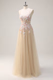 Sparkly Champagne A-Line Spaghetti Straps Lace Up Back Floral Prom Dress