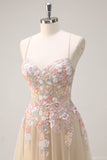 Sparkly Champagne A-Line Spaghetti Straps Lace Up Back Floral Prom Dress