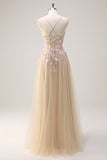 Sparkly Champagne A-Line Spaghetti Straps Lace Up Back Floral Prom Dress