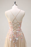 Sparkly Champagne A-Line Spaghetti Straps Lace Up Back Floral Prom Dress