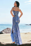 Blue Mermaid Corset Burnout Velvet Watteau Train Bridesmaid Dress with Slit