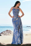 Blue Mermaid Corset Burnout Velvet Watteau Train Bridesmaid Dress with Slit