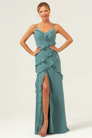 Eucalyptus Sheath Spaghetti Straps Ruffle Floor Length Bridesmaid Dress