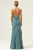 Eucalyptus Sheath Spaghetti Straps Ruffle Floor Length Bridesmaid Dress