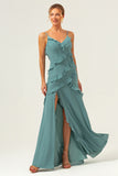 Eucalyptus Sheath Spaghetti Straps Ruffle Floor Length Bridesmaid Dress