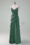 Eucalyptus Sheath Spaghetti Straps Long Ruffle Bridesmaid Dress with Slit