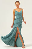 Eucalyptus Sheath Spaghetti Straps Ruffle Floor Length Bridesmaid Dress