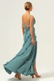 Eucalyptus Sheath Spaghetti Straps Ruffle Floor Length Bridesmaid Dress