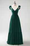 Dark Green A Line Off The Shoulder Chiffon Ruched Floor Length Bridesmaid Dress