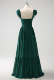 Dark Green A Line Off The Shoulder Chiffon Ruched Floor Length Bridesmaid Dress