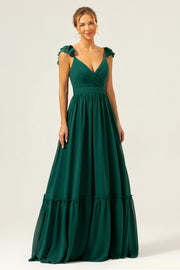 Dark Green A Line Off The Shoulder Chiffon Ruched Long Bridesmaid Dress