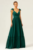 Dark Green A Line Off The Shoulder Chiffon Ruched Long Bridesmaid Dress