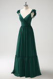 Dark Green A Line Off The Shoulder Chiffon Ruched Floor Length Bridesmaid Dress