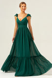 Dark Green A Line Off The Shoulder Chiffon Ruched Long Bridesmaid Dress