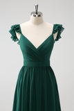 Dark Green A Line Off The Shoulder Chiffon Ruched Floor Length Bridesmaid Dress